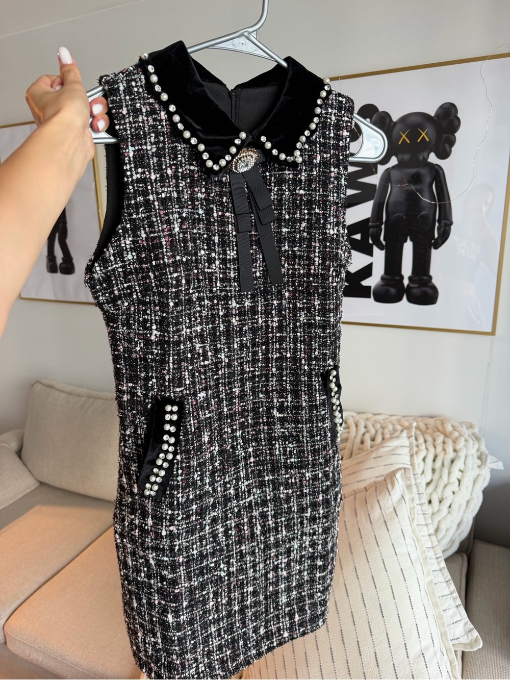Pearl-Trim Tweed Shift Dress in Black